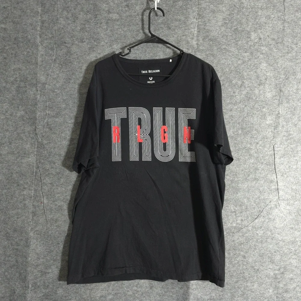 True Religion Shirt Mens Short Sleeve Sz‎ XXL Black Graphic Logo Sports Designer